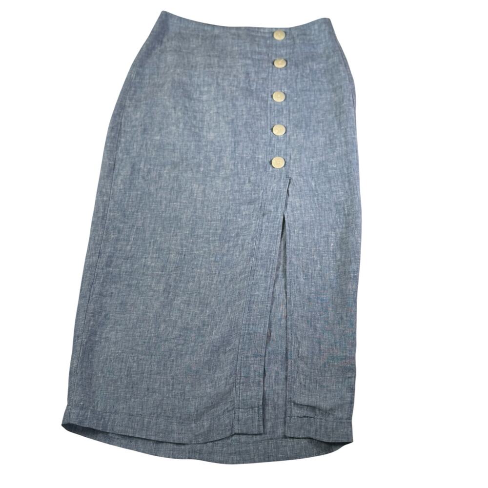 LOFT Linen Midi Skirt Size 2 Blue Botton Front Slit Summer Coastal Minimalist - Picture 10 of 12
